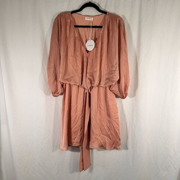 New STORIA Mini Dress Women's Large Pink Vneck Tie Elastic Waist Short Sleeve - Picture 1 of 10